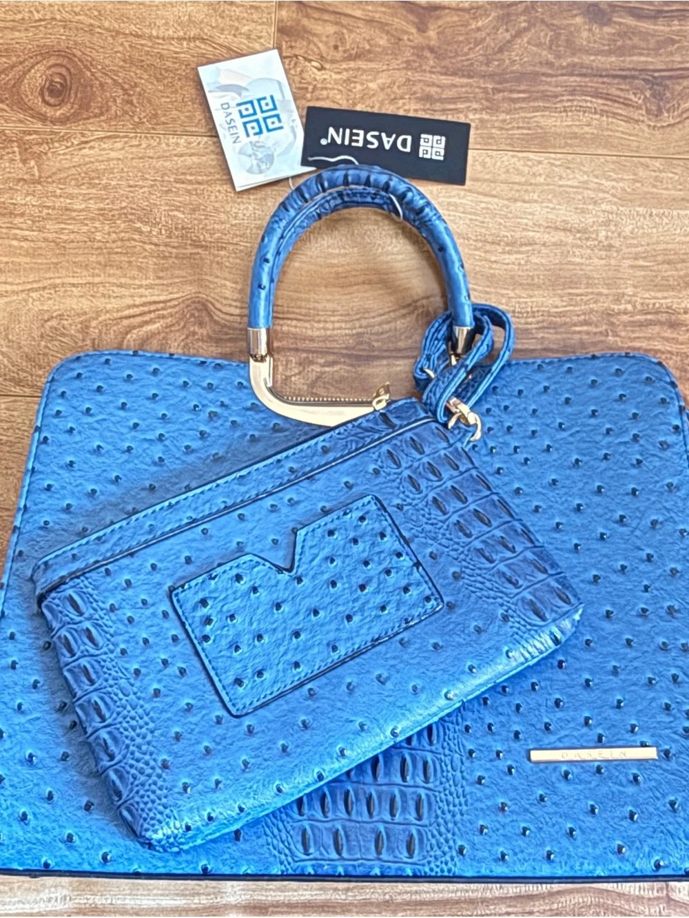 Dasein NWT Blue Ostrich Croc Embossed Satchel Handbag + Clutch